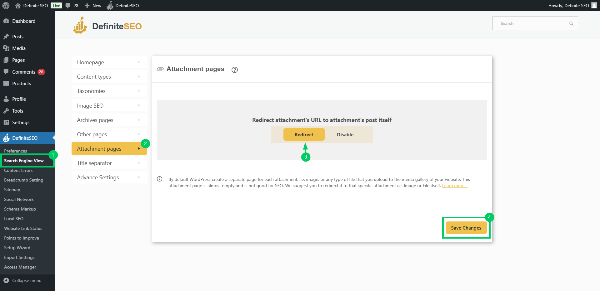 Redirect attachment's URL to attachment's post itself in definiteseo plugin