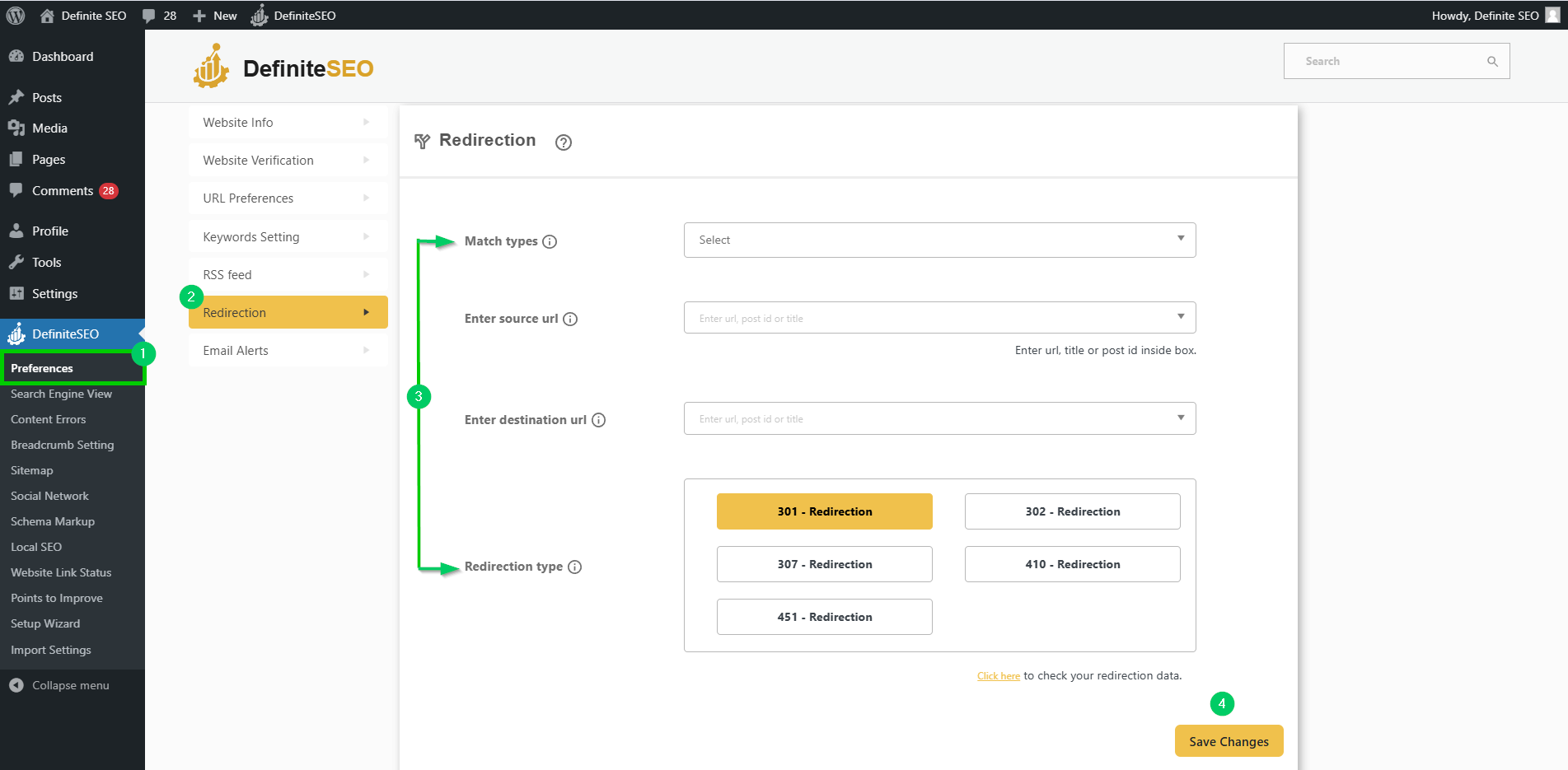 add redirection in your website with definiteseo plugin