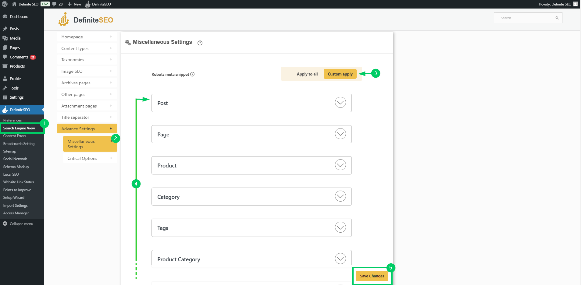 add robots meta snippets with custom apply option in definiteseo plugin