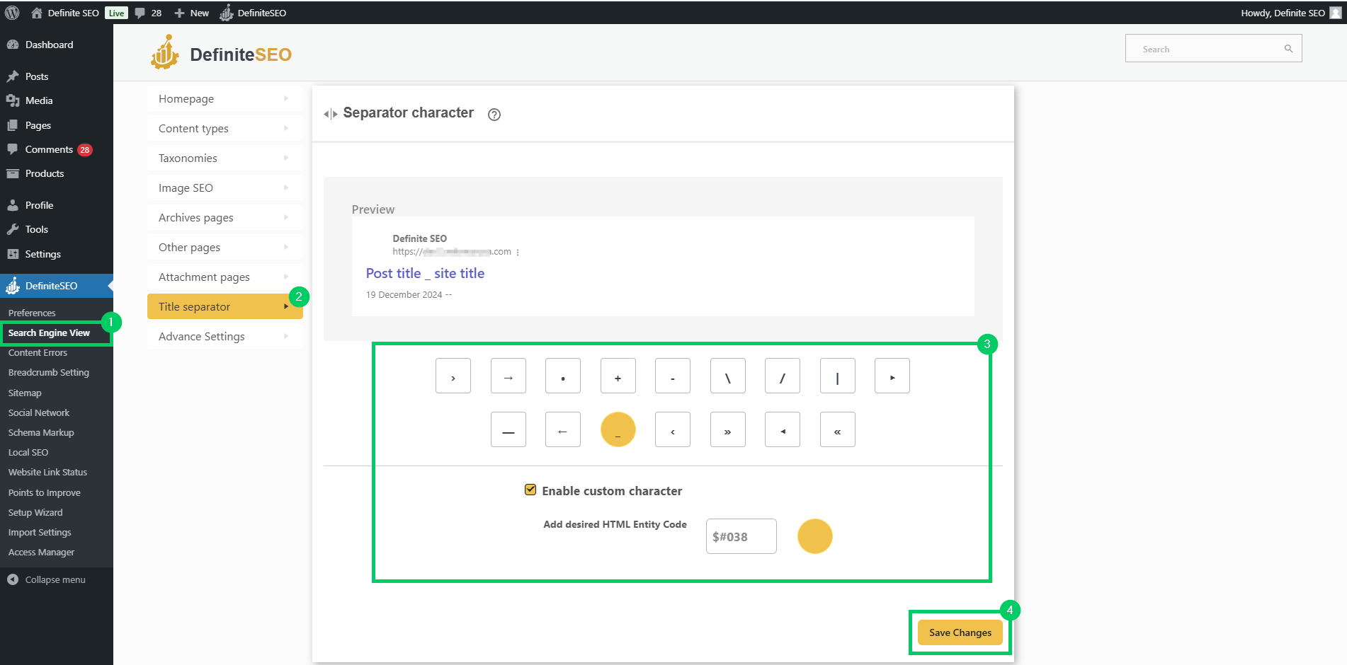 add title separator for search engine view optimization of your website in definiteseo plugin