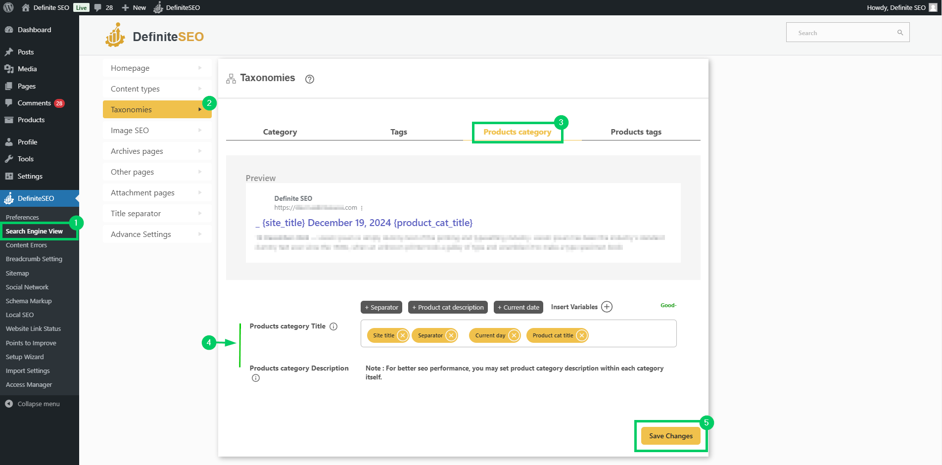 configure product category of under taxonomies with definiteseo plugin's search engine view plugin