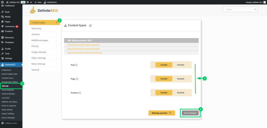 Configure sitemap settings in DefiniteSEO WordPress SEO Plugin