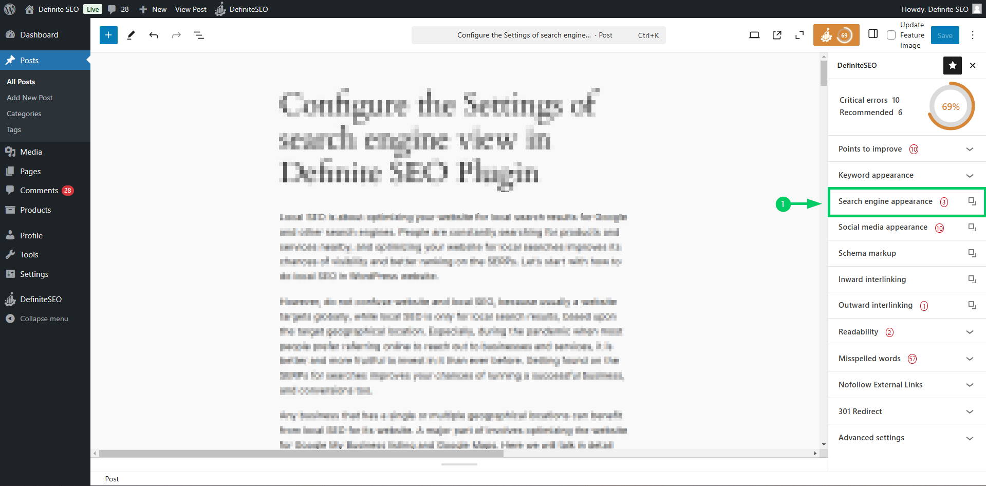 configure the settings of search engine view for individual page or post in definiteseo plugin