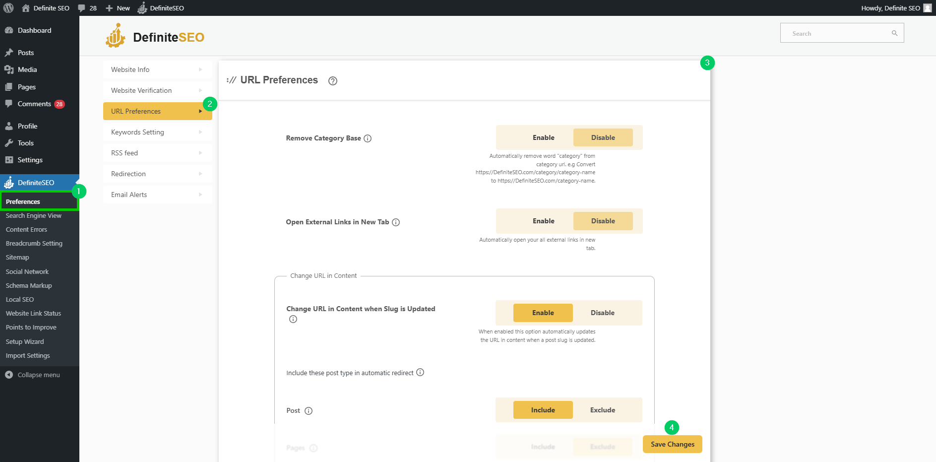 configure url preferences settings with definiteseo plugin