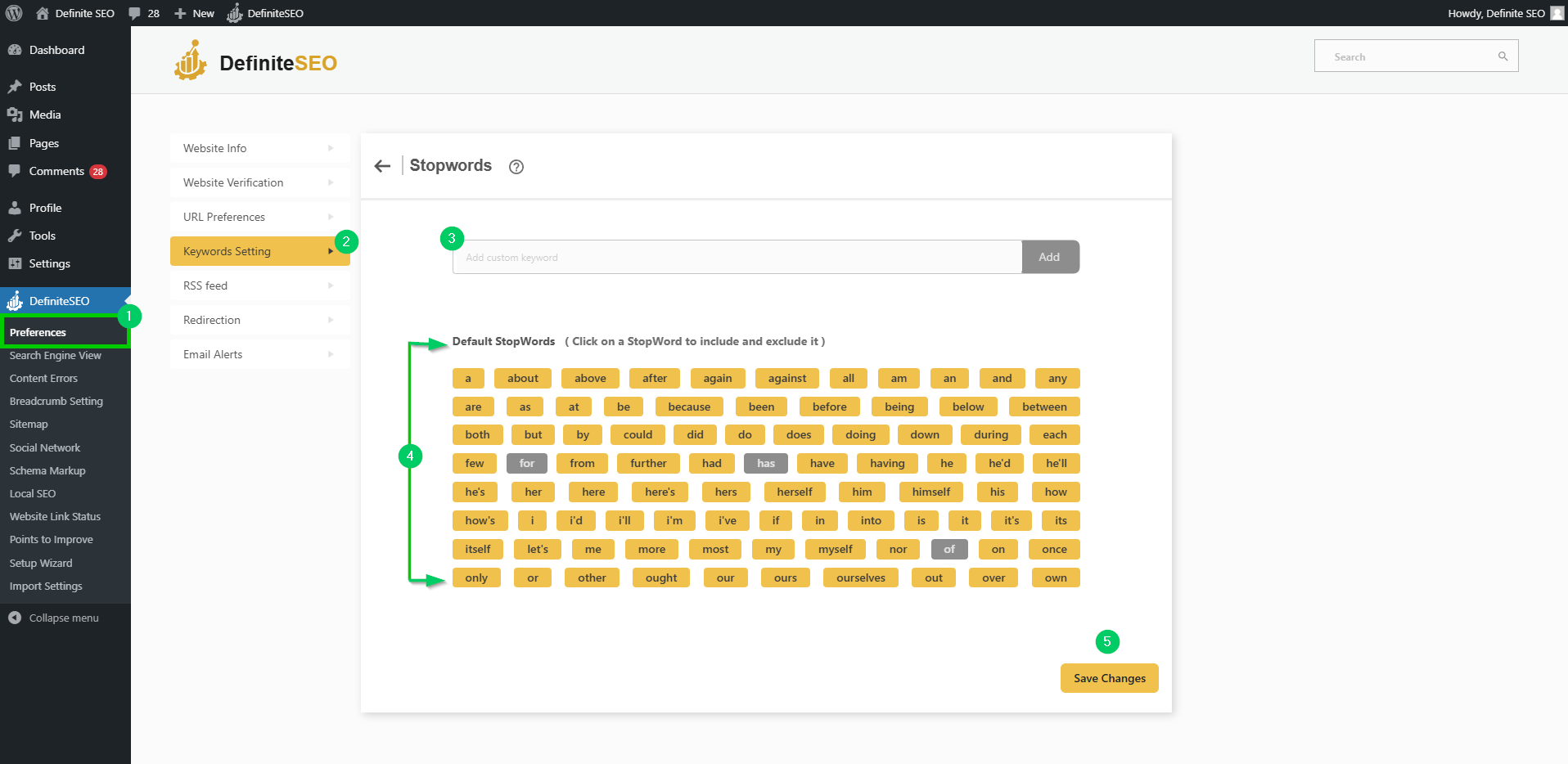 custom your stopwords with definiteseo plugin