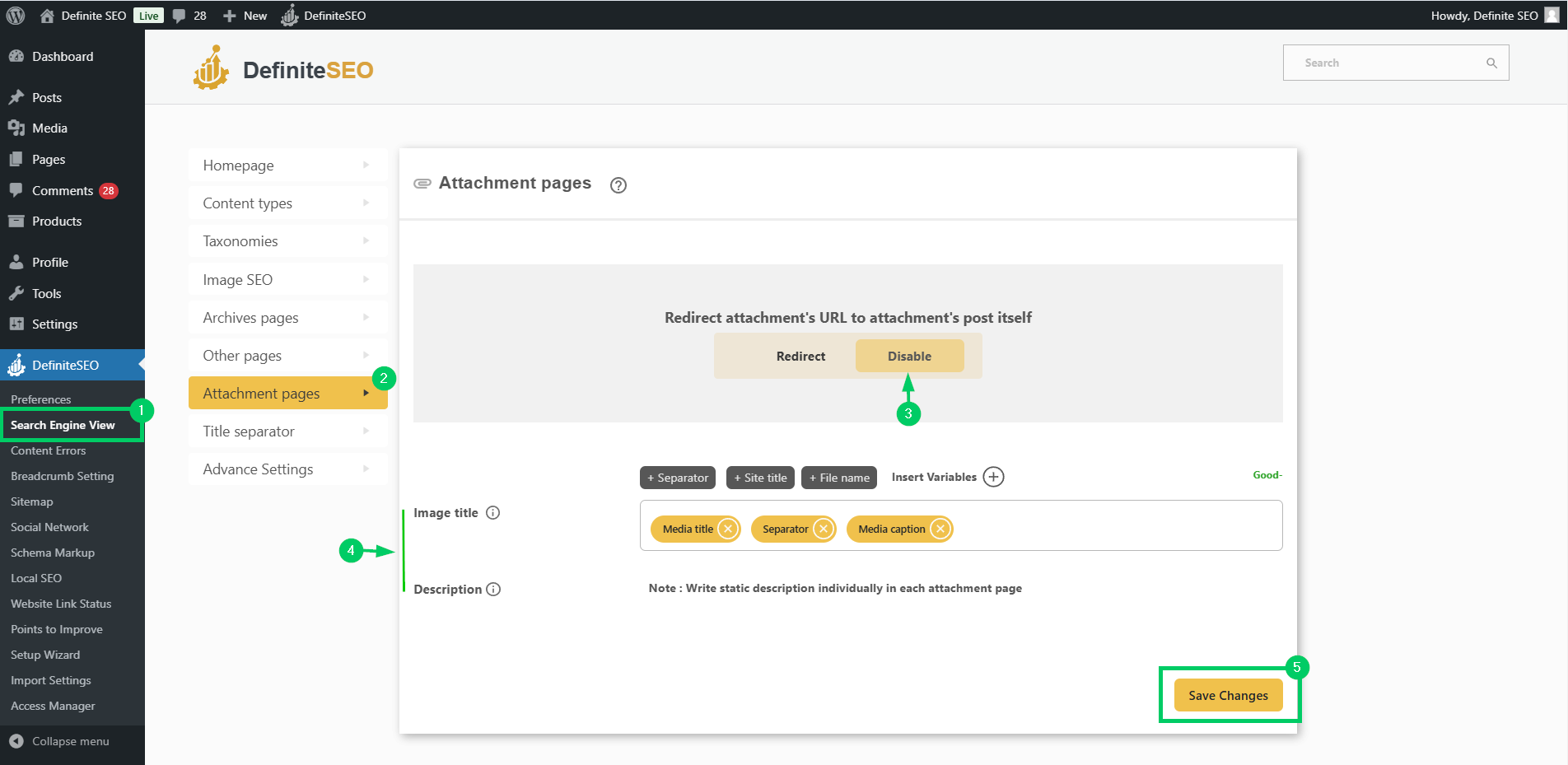 disable the redirects of attachment pages in definiteseo plugin