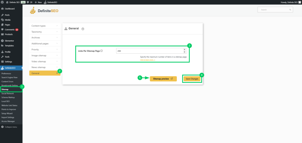 do general settiungs of sitemap with definiteseo plugin