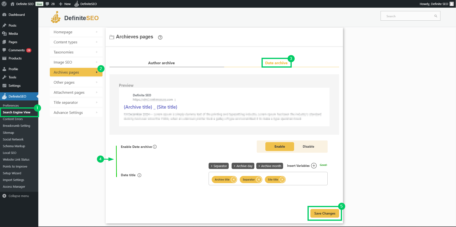 handle the date archive for your website in definiteseo's search engine view feature