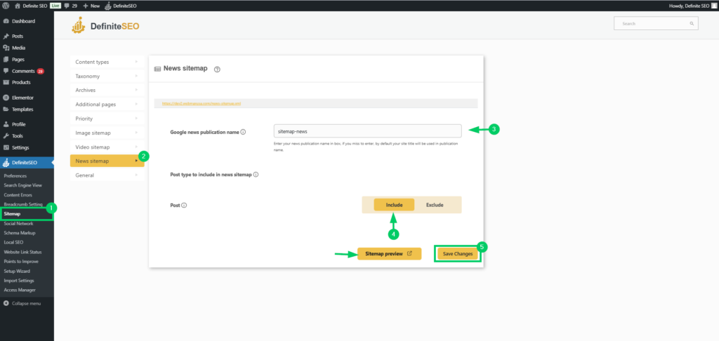 news sitemap with definiteseo plugin