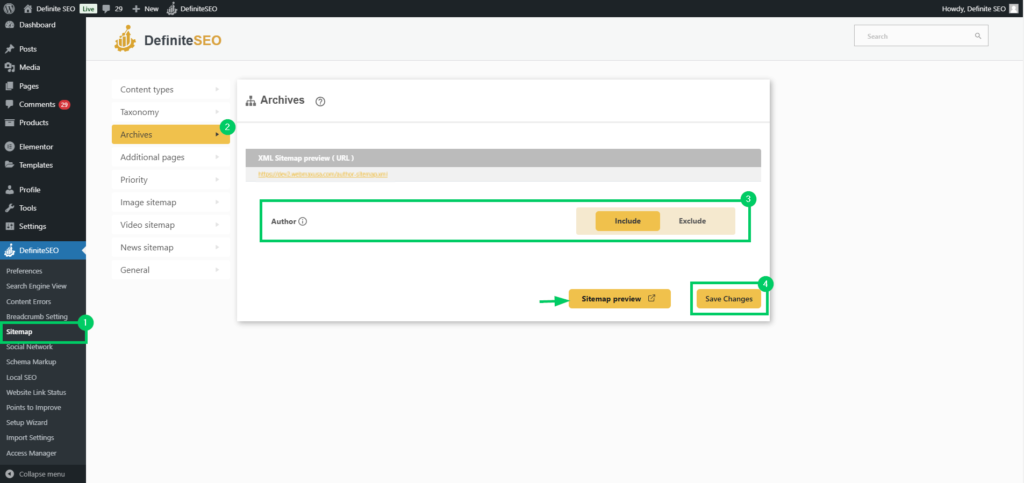 set archives in sitemap definiteseo plugin