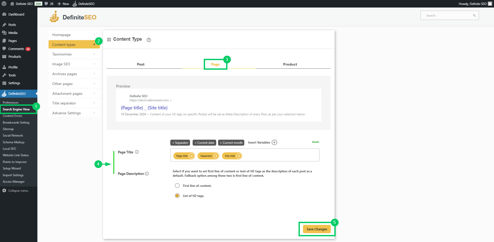 set content types of pages in search engine appearance