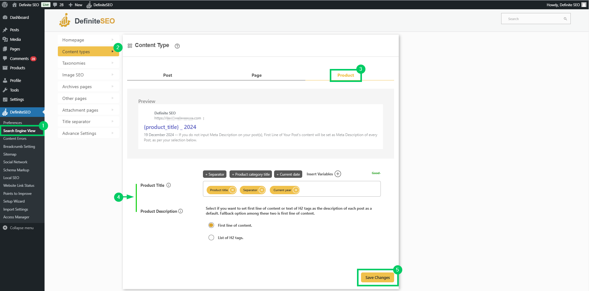set content types of products in search engine appearance