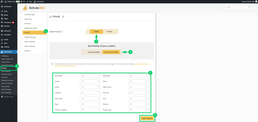 set priority in sitemap with definiteseo plugin