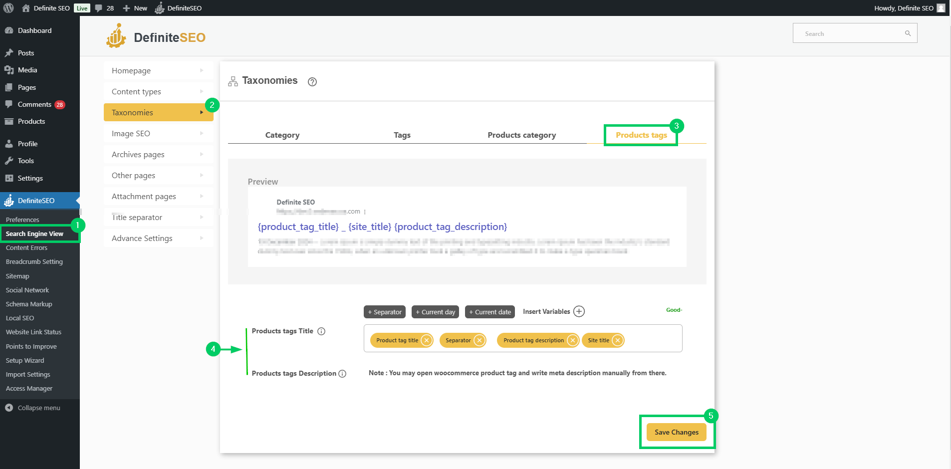 set product tags under definiteseo's taxnomies feature of search engine view