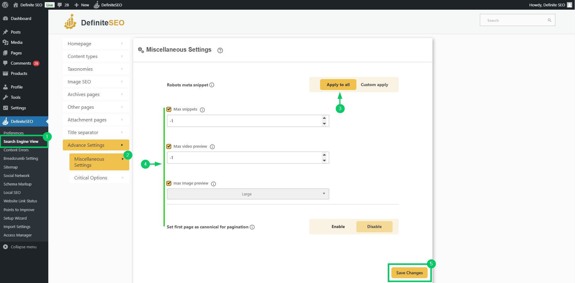 set robots meta snippet in the advance settings of definiteseo plugin