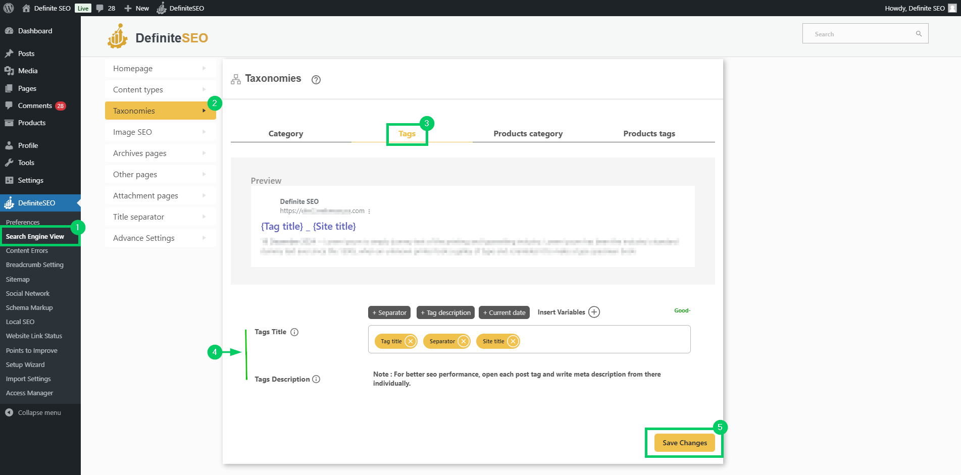 set tags in taxonomies under search engine view with definiteseo plugin