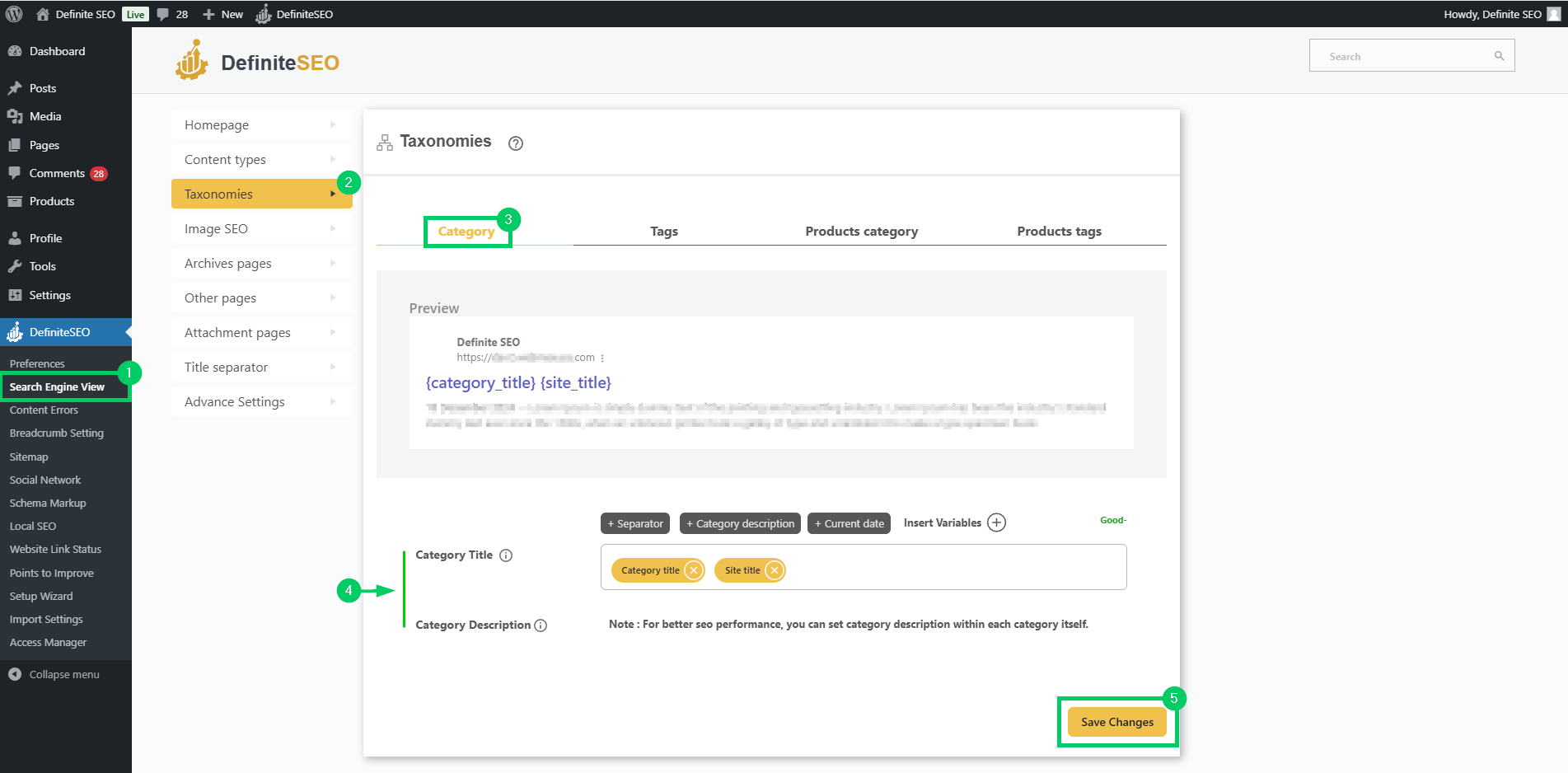 set taxonomies of categories in search engine view