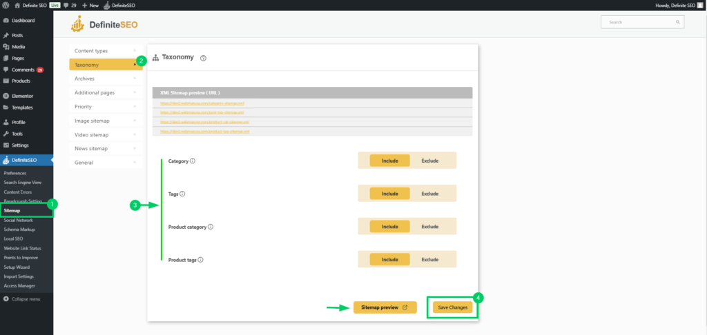 set taxonomy in content typesof definiteseo plugin