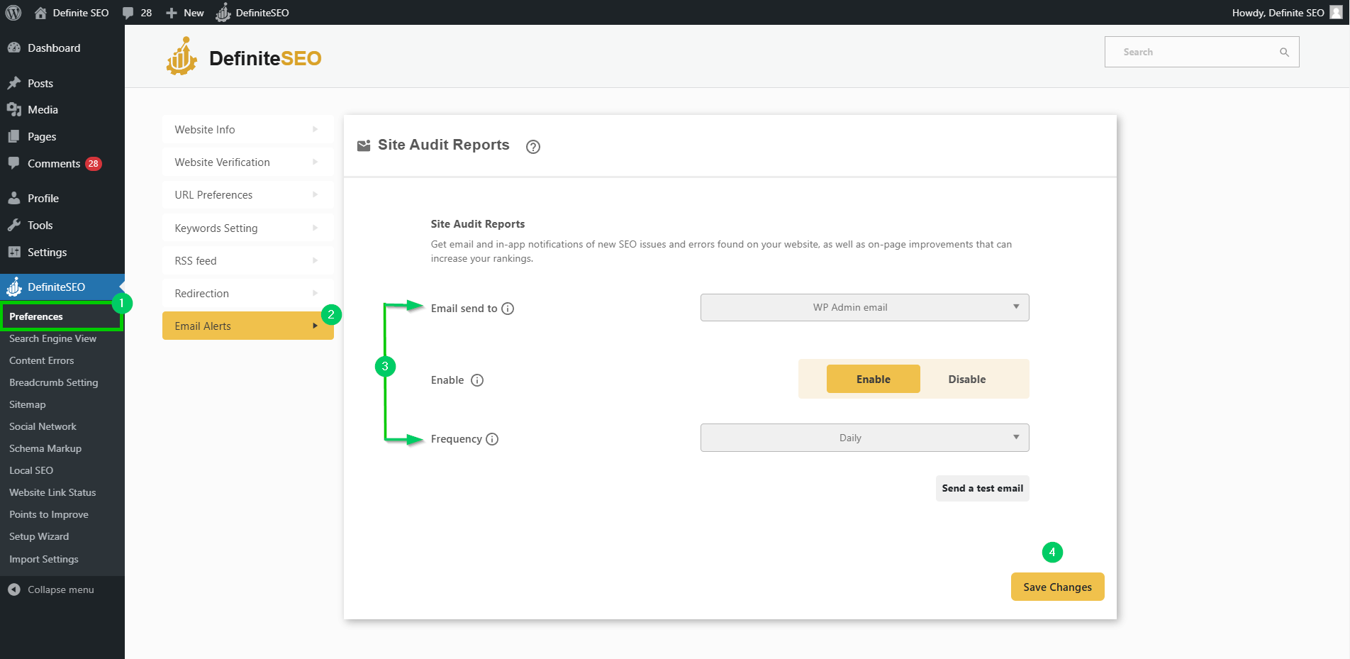 set up email alerts for your website with definiteseo plugin