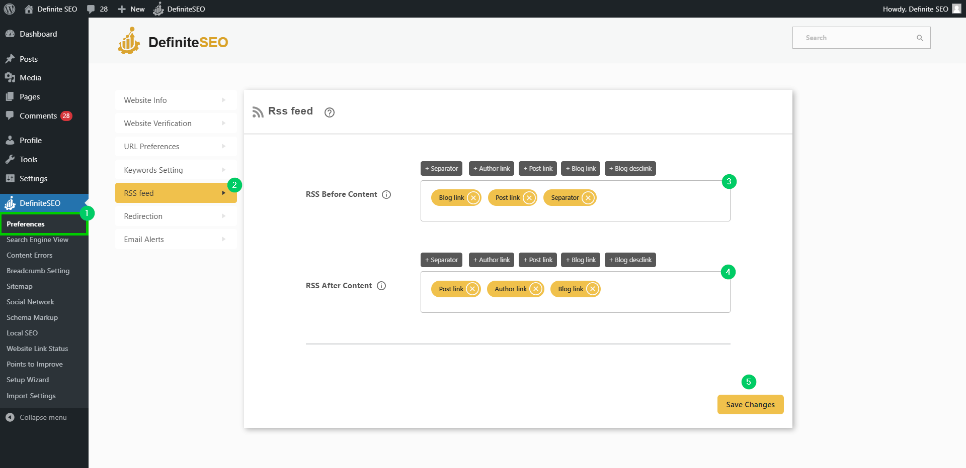 set up your rss feed with definiteseo plugin