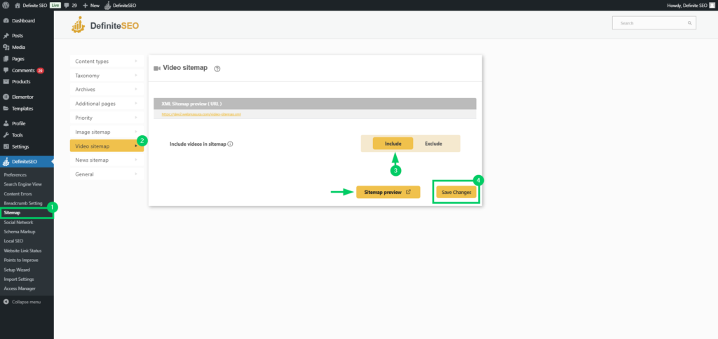 set video sitemap in definite seo plugin