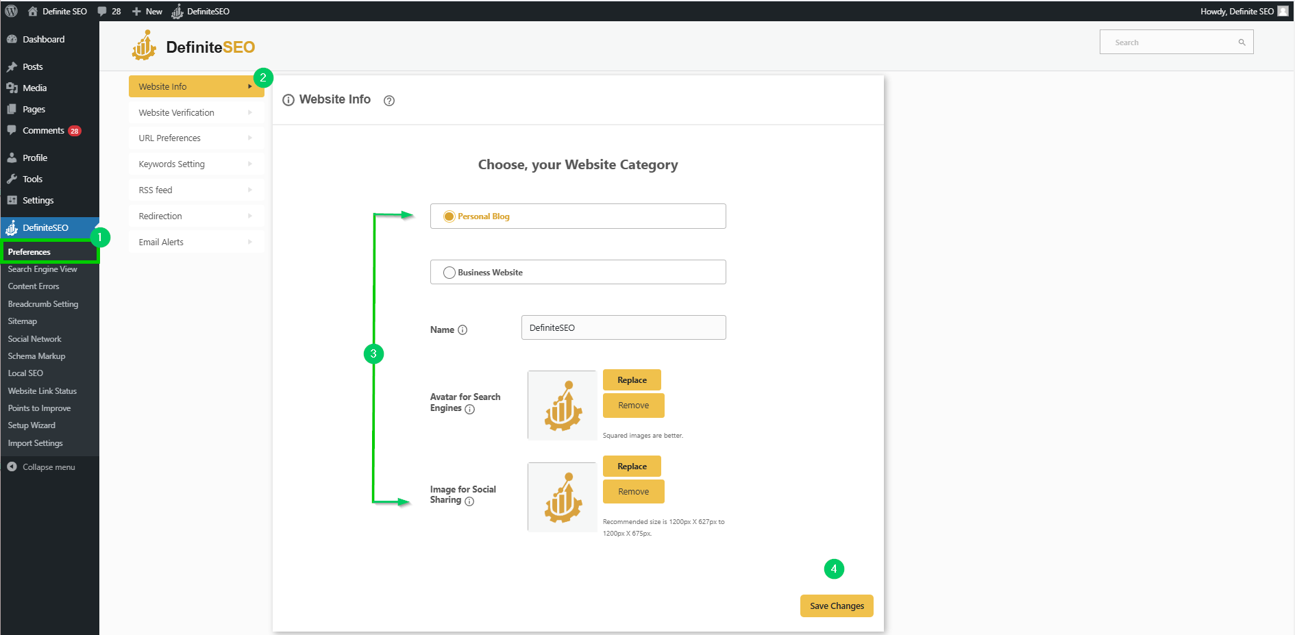 configure settings of preferences with definiteseo plugin