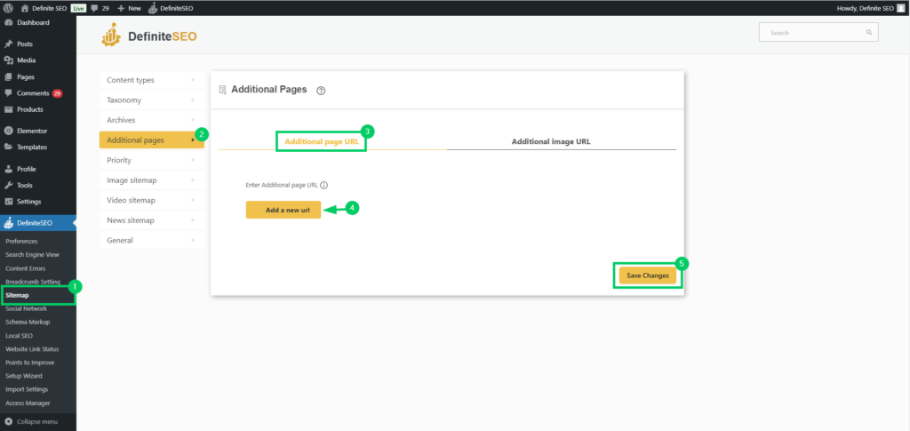 sitemap additional pages settings in definiteseo plugin