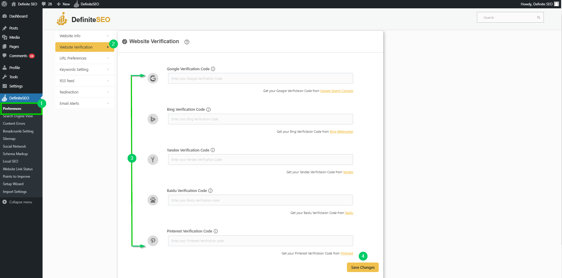 verify your website with different platforms with definiteseo plugin 