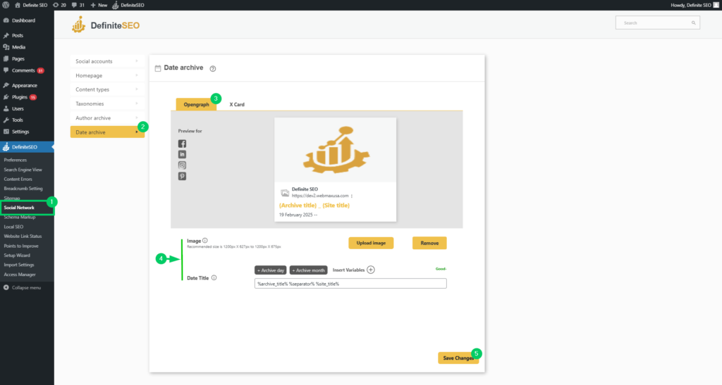 Configure Open Graph and Twitter Card metadata for date-based archives in WordPress