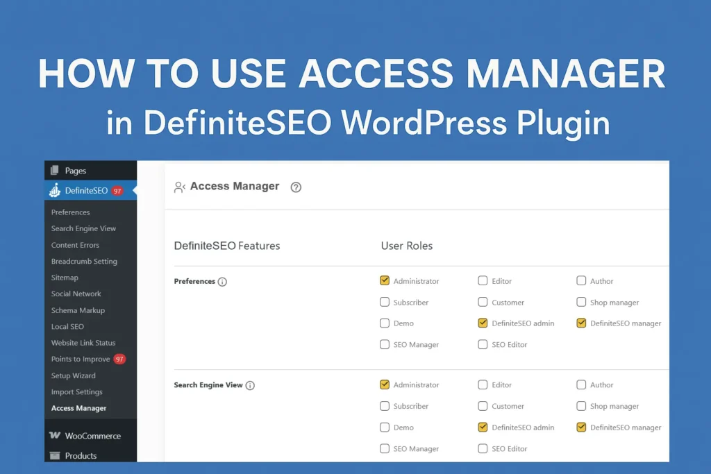 DefiniteSEO Access Manager interface in WordPress showing feature permissions assigned to various user roles