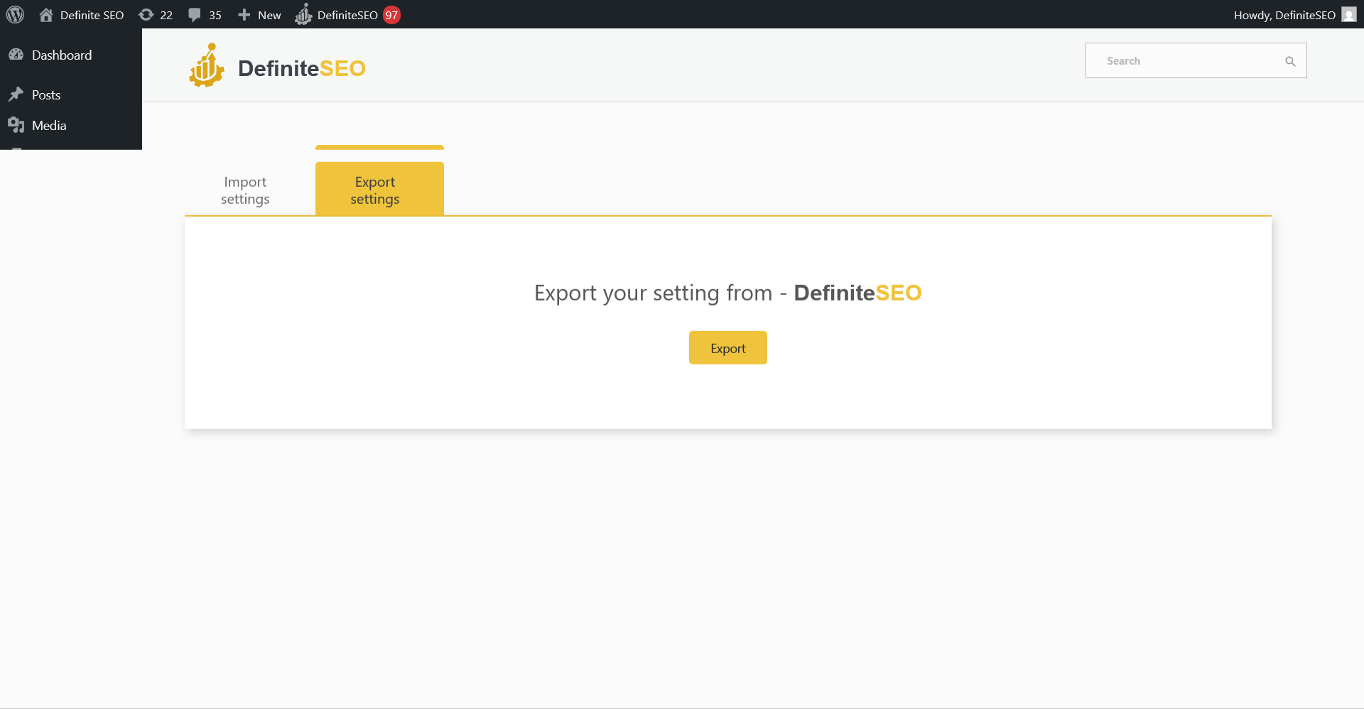 DefiniteSEO plugin export settings screen in WordPress to back up SEO configuration to JSON