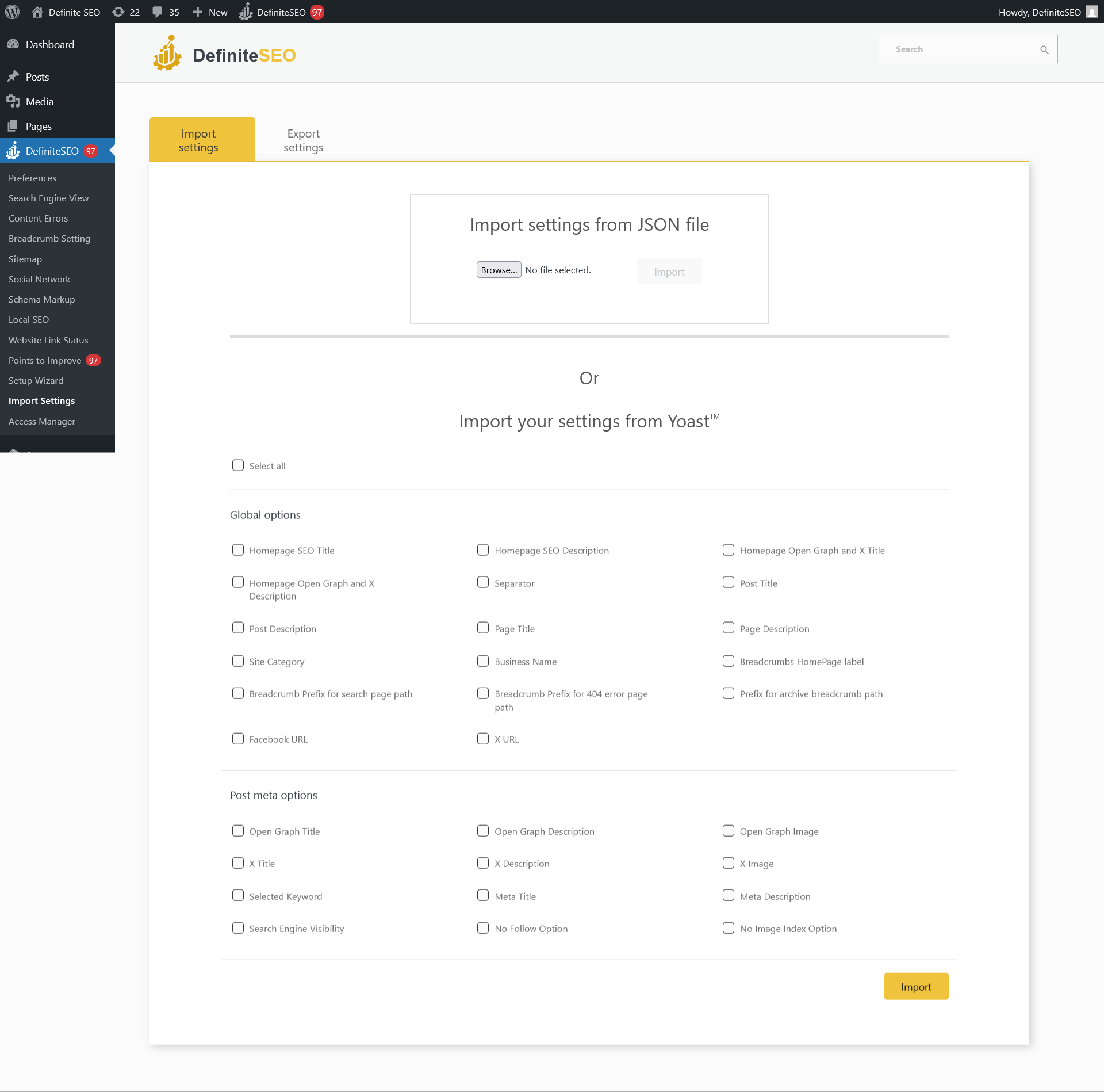 DefiniteSEO WordPress plugin import settings interface showing import from JSON and Import from Yoast options