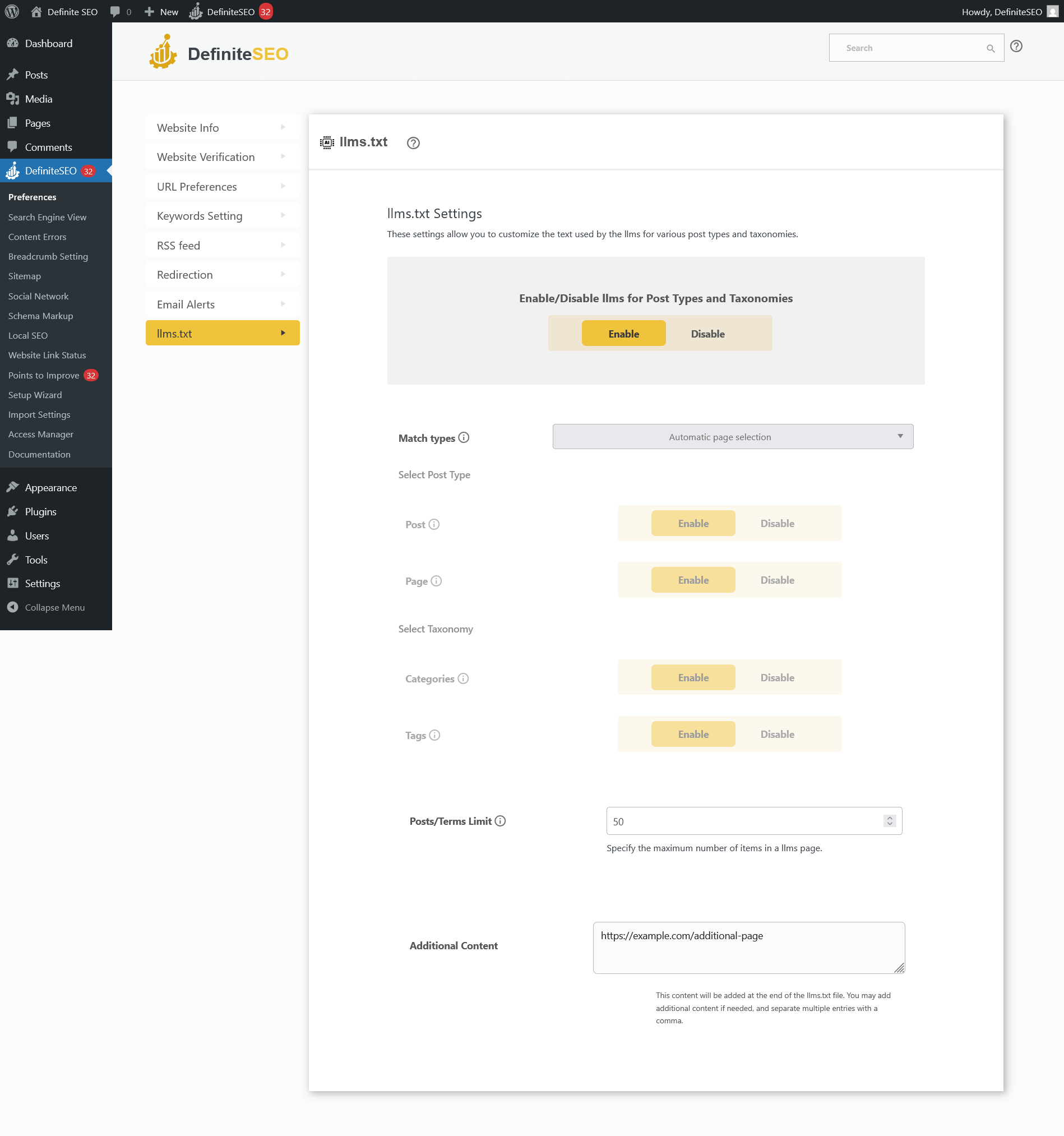 Screenshot of DefiniteSEO plugin interface displaying automatic content selection settings for llms.txt, including limits for posts, pages, categories, and tags.