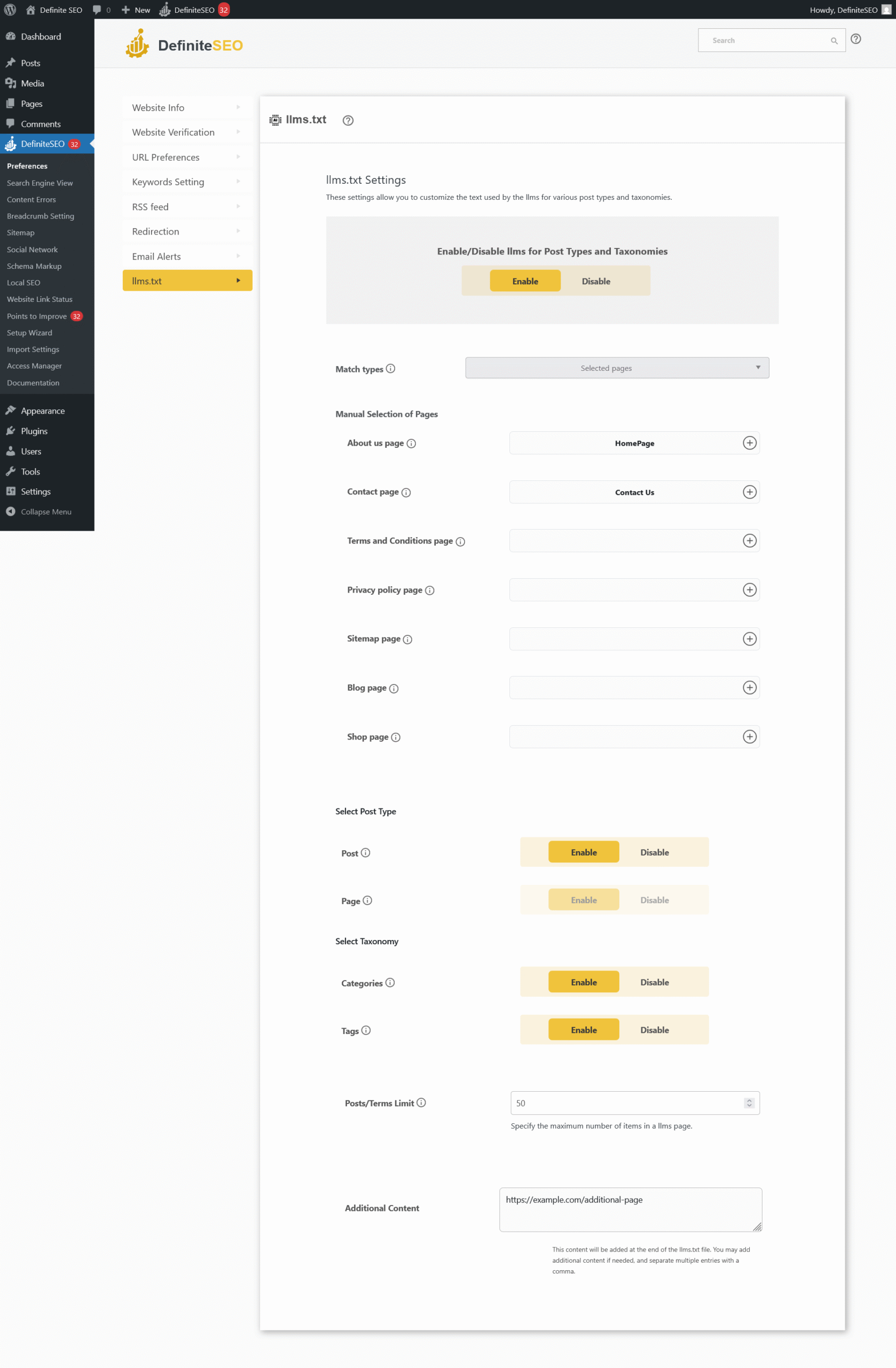 Screenshot of DefiniteSEO plugin selected content mode for llms.txt, showing manual page selection and options to include or exclude other content types.