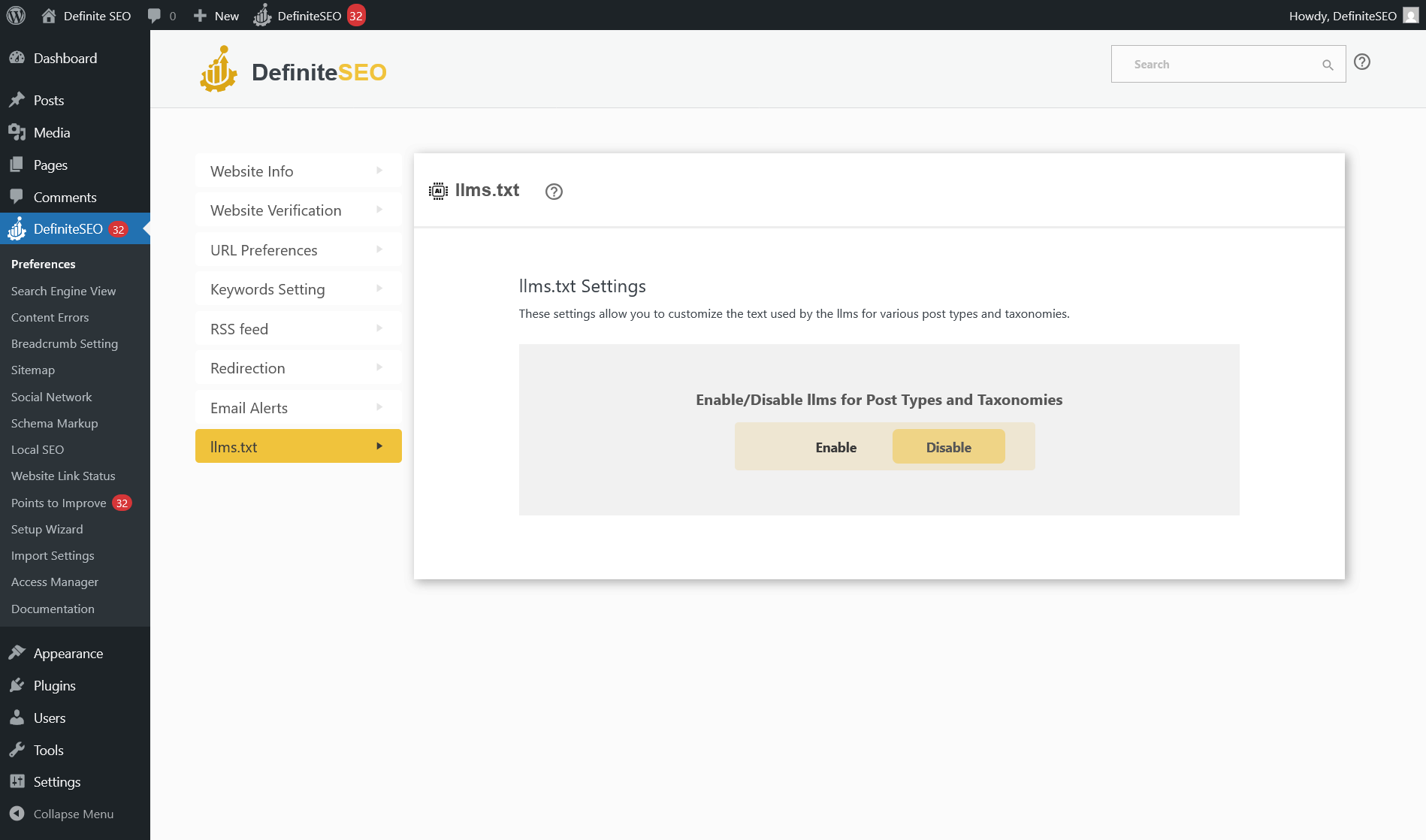 Screenshot of the DefiniteSEO plugin settings page showing the option to enable or disable the llms.txt feature.