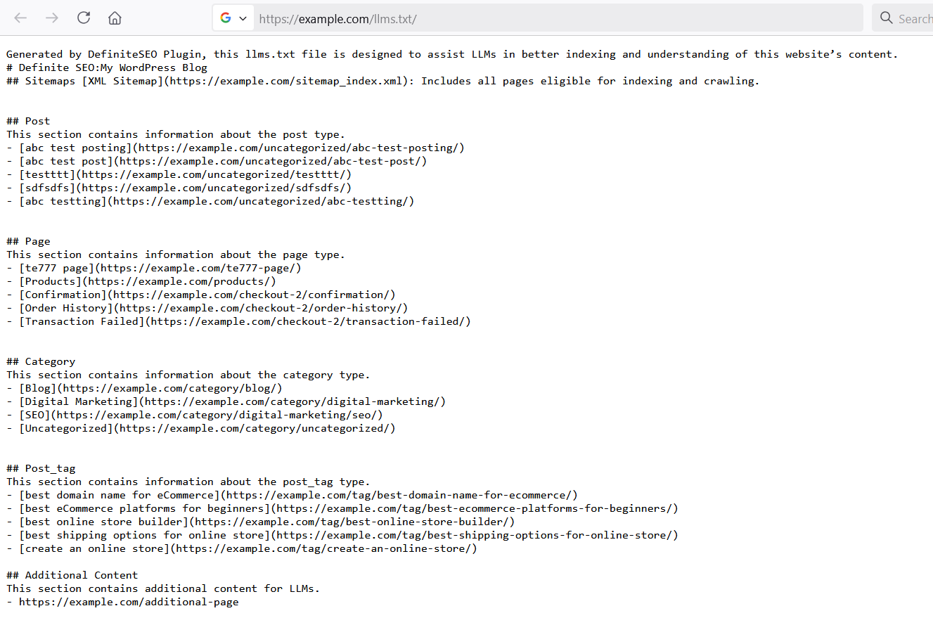 Screenshot of the frontend output of llms.txt file in a browser, displaying structured lists of posts, pages, categories, and tags with URLs.