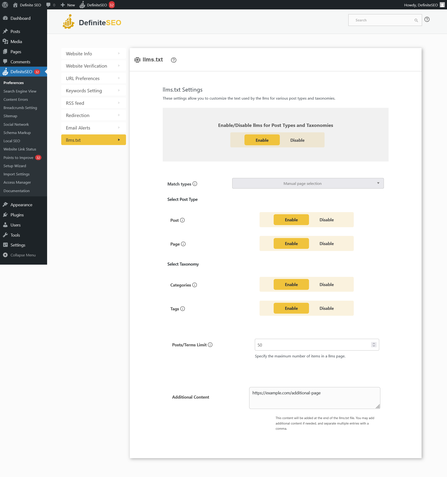 Screenshot of DefiniteSEO plugin manual content selection settings for llms.txt with options to enable or disable posts, pages, categories, tags, and custom post types.