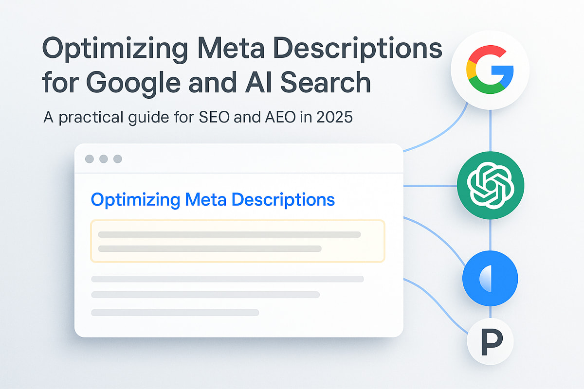 Illustration showing AI engines like ChatGPT, Gemini, and Perplexity interpreting a webpage’s meta description to understand context.