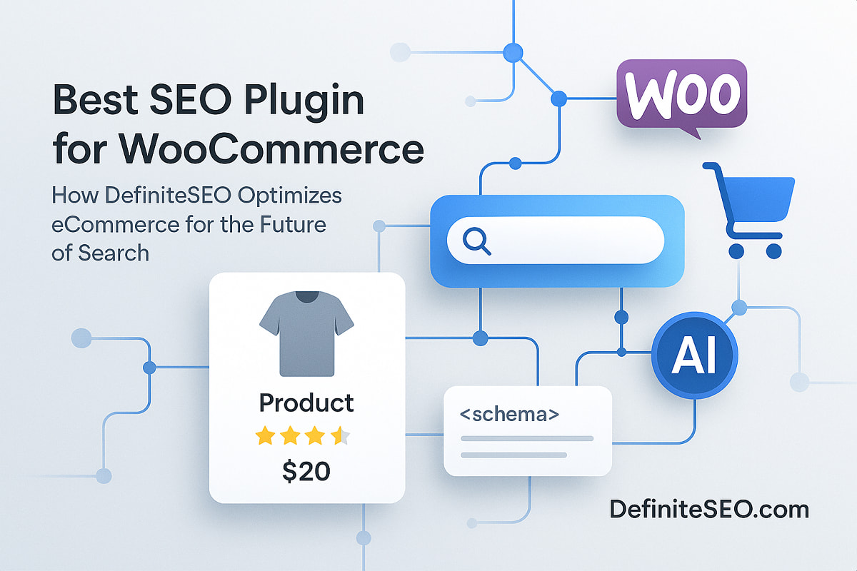 Illustration showing DefiniteSEO optimizing a WooCommerce store for better SEO visibility, structured data, and AI-driven search.