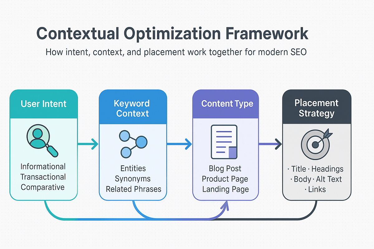 Infographic showing the contextual optimization framework with four connected stages: user intent, keyword context, content type, and placement strategy, explaining how they align for effective and natural SEO optimization.