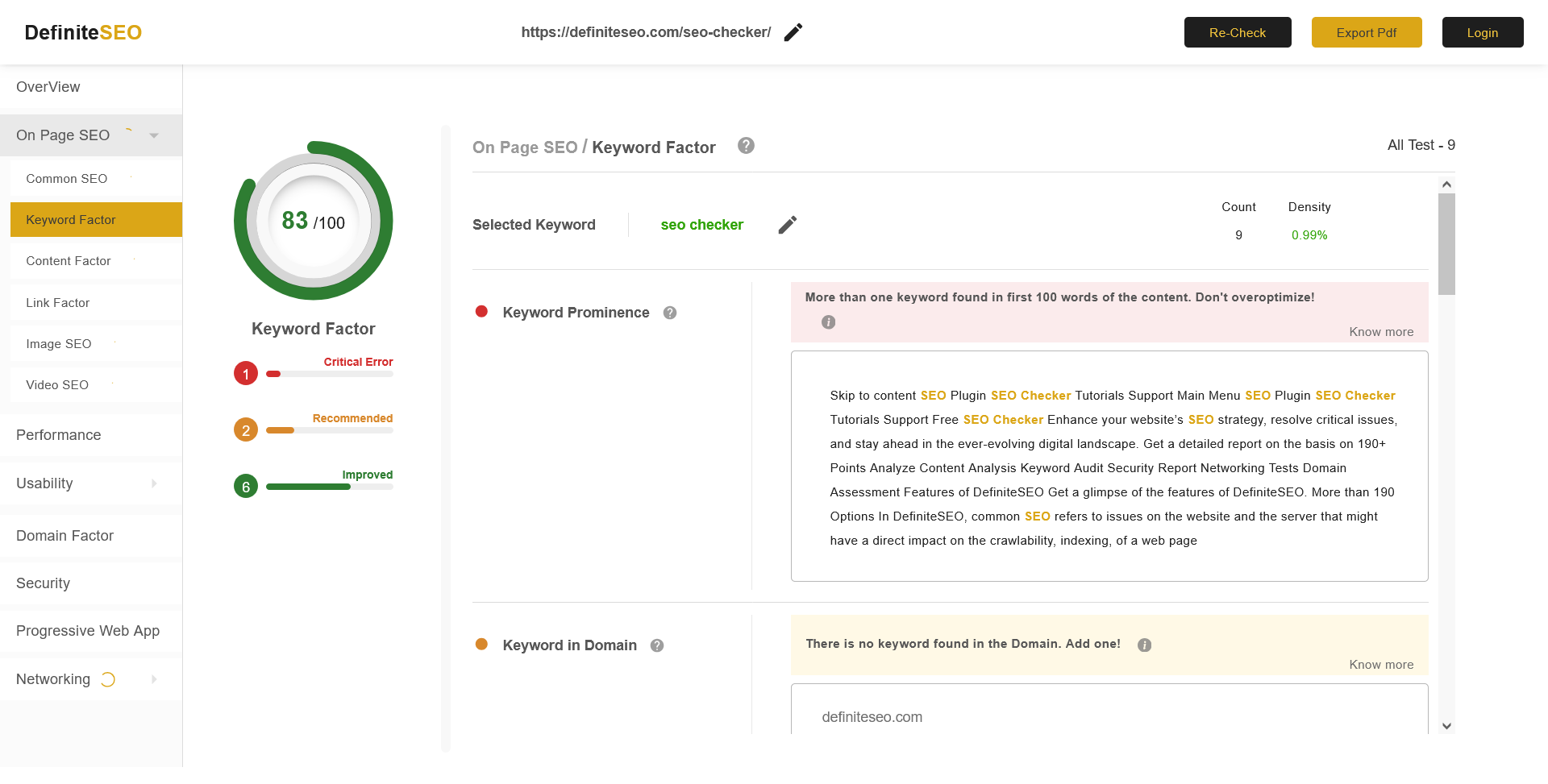 Screenshot of the DefiniteSEO On-Page Analyzer showing keyword placement and optimization insights across a webpage.