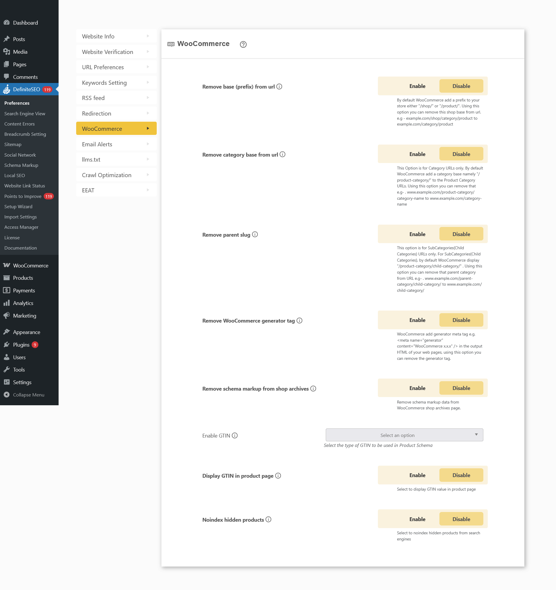 Global WooCommerce Settings section showing URL structure, schema, and indexing configuration options for search and visibility in DefiniteSEO.