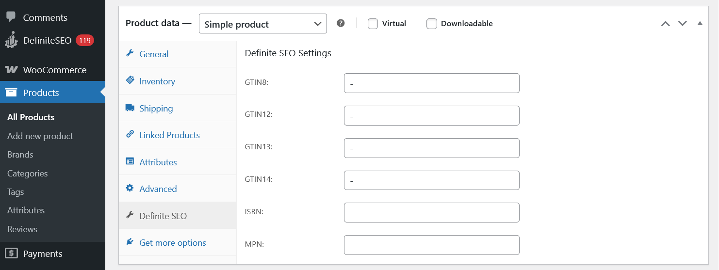 Product editor screen showing GTIN, ISBN, and MPN input fields for WooCommerce products in DefiniteSEO.
