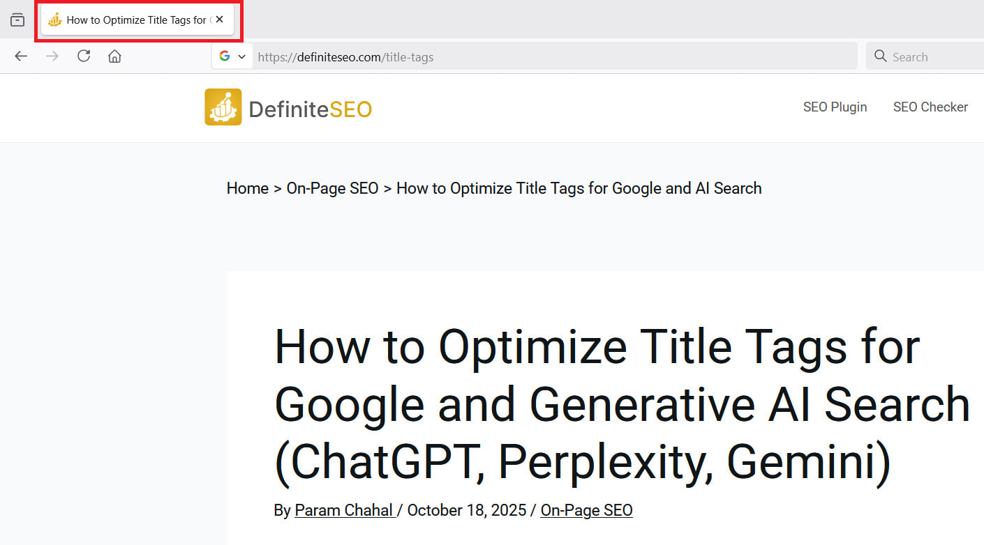 Screenshot showing a browser tab title tag reading “How to Optimize Title Tags for Google and Generative AI Search (ChatGPT, Perplexity, Gemini).