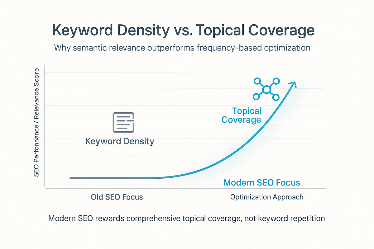 Comparison chart showing keyword density versus topical coverage, illustrating that broader semantic coverage and contextual depth provide better SEO performance and relevance than repetitive keyword use.