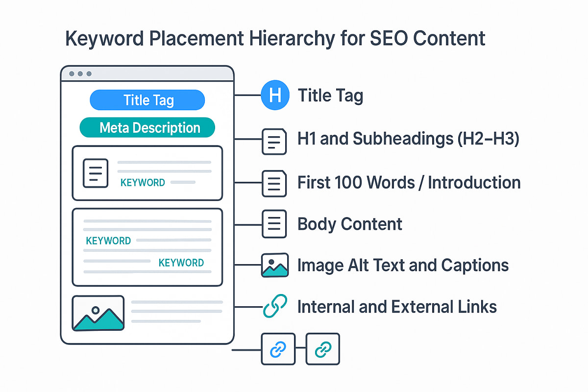 Diagram showing keyword placement hierarchy from title tag to internal links for natural SEO optimization.