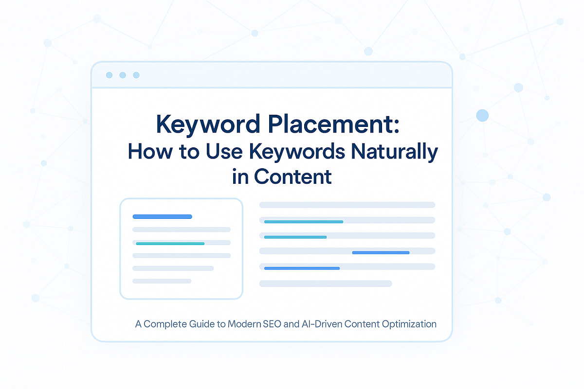 Illustration showing natural keyword placement within SEO content, with subtle AI and semantic design elements, featuring the article title.
