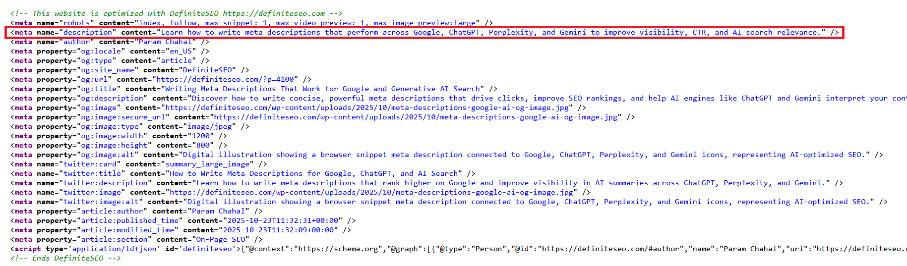 Screenshot showing the HTML meta description tag in a webpage source code, demonstrating how to define a page summary for Google and AI search engines.