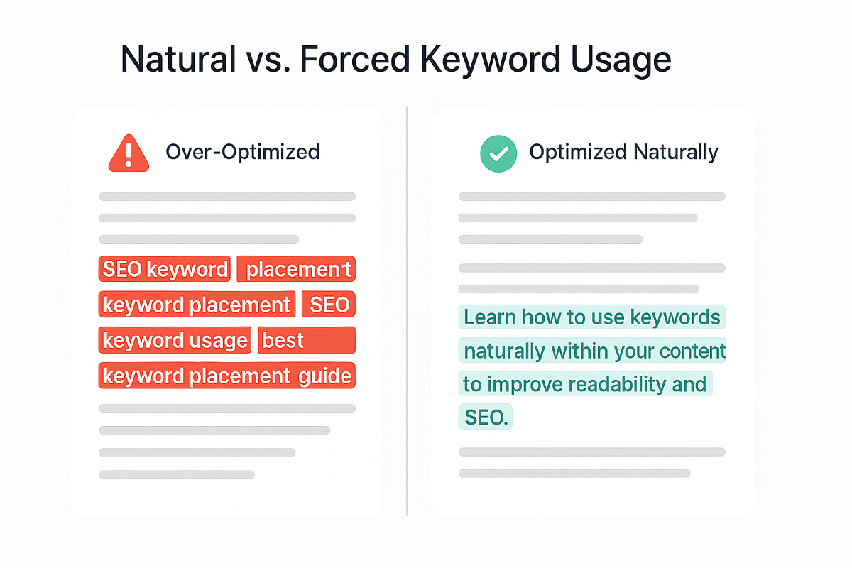 Split-panel illustration comparing forced keyword usage with natural keyword integration in content, showing cluttered over-optimized text on one side and smooth, readable content on the other.