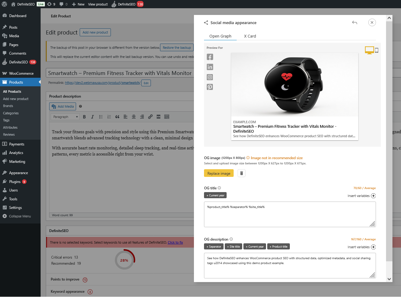 Social Optimization section showing Open Graph and Twitter Card title, description, and image settings for WooCommerce in DefiniteSEO